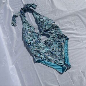 Adore Me Blue Animal Print One Piece Swimsuit Women Size Medium Cutout Halter